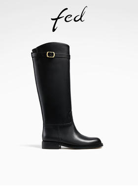 fed粗跟时装靴冬季新款靴子骑士靴西部靴黑色长靴女款R1230-YA700