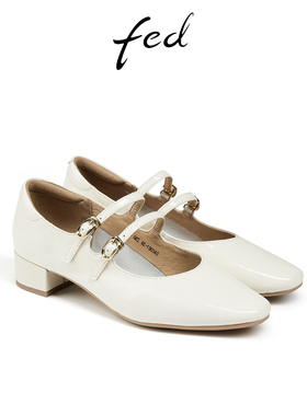fed法式小皮鞋春季新款女鞋粗跟单鞋白色玛丽珍鞋女D0408-CAC001