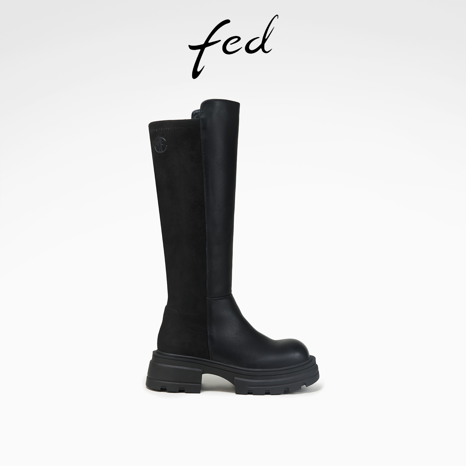 fed厚底长筒靴冬季新款女靴黑色骑士靴拼接时装靴女款D1004-ZC860