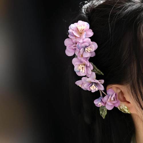 仙气古风花朵发饰边夹紫色古典舞头饰汉服侧边夹旗袍配饰夹子中式