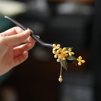步摇发簪新中式日常通勤超仙桂花旗袍配饰盘发古风汉服簪子女木簪
