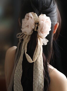 抓夹女超仙气古风长飘带花朵汉服头饰盘发发饰鲨鱼夹发卡子头饰
