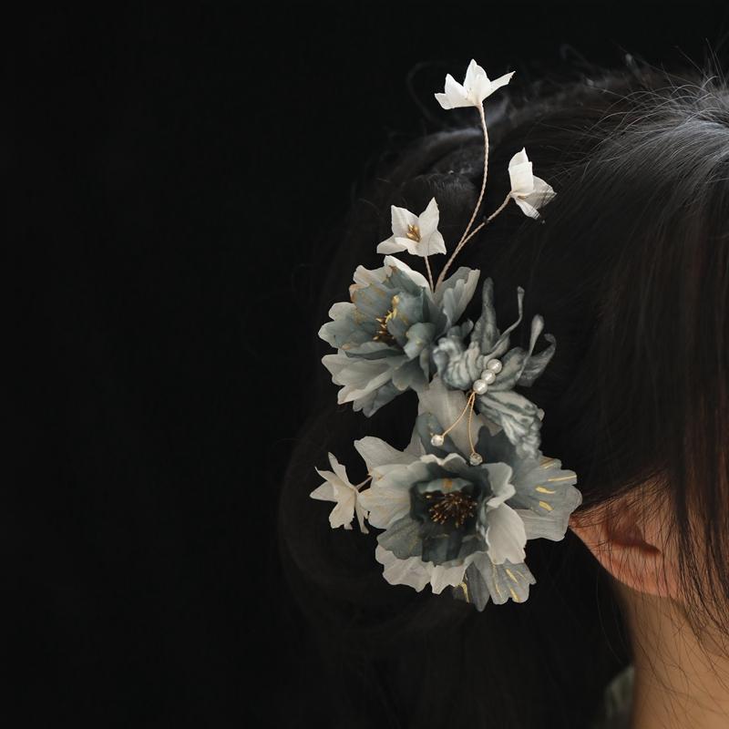 汉服头饰古典舞配饰发夹真丝烫花水墨蓝气质蝴蝶古风后压古装发饰