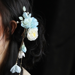 清冷感蓝色仙美古风头饰春夏款清汉女古典舞发饰超仙流苏发夹绢花