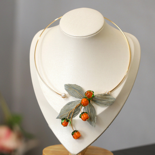 项链女高级设计感小众古典气质小柿子布艺叶子项圈2022年新款颈圈