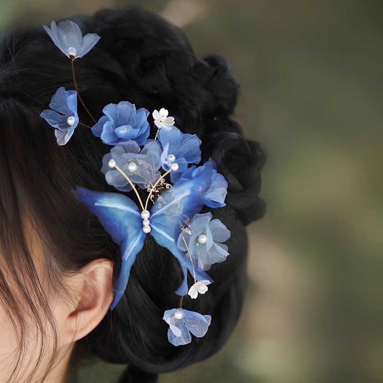 清汉女真丝烫花森系仙美新中式国风蝴蝶花朵发夹古风汉服头饰盘发