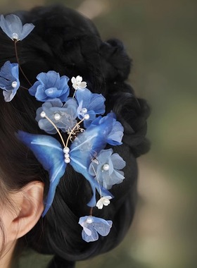 清汉女真丝烫花森系仙美新中式国风蝴蝶花朵发夹古风汉服头饰盘发