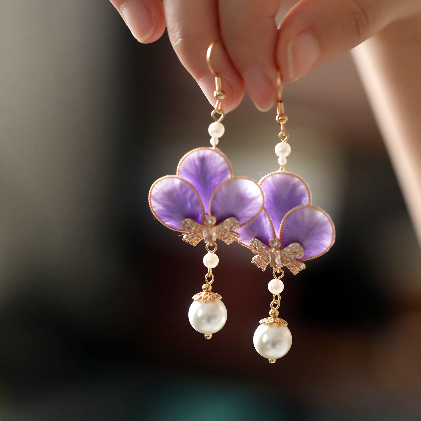 非遗绒花耳环紫色优雅高级感旗袍茶服配饰气质耳饰古典汉服耳坠女