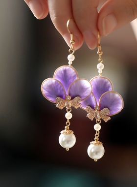 非遗绒花耳环紫色优雅高级感旗袍茶服配饰气质耳饰古典汉服耳坠女
