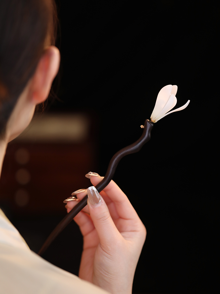 热缩玉兰花黑檀木国风旗袍簪子