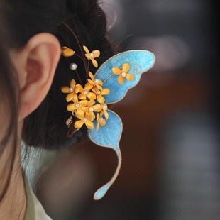 清汉女头饰蓝色蝴蝶新中式 桂花超仙发夹女侧边古风汉服国风发饰