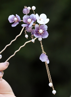 簪花头饰 紫色发饰u形发簪 简约通勤古风汉服铃兰后压 发钗新中式