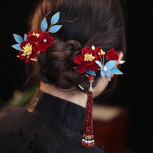 发钗簪子步摇流苏新娘秀禾头饰 复古山茶花红色旗袍盘发发簪古风