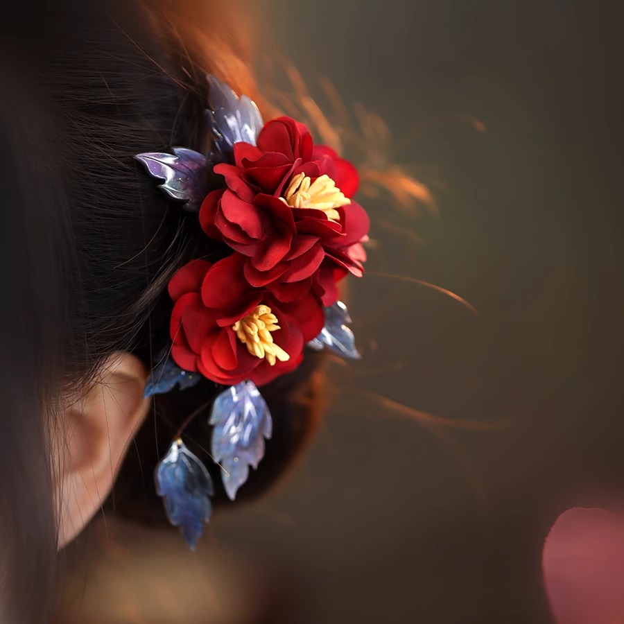 山茶花发夹 汉服女款红花头饰 古典国风复古森系唐风发饰侧边古风