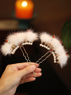 秋冬汉服女款头饰 u型发簪盘发发饰 发冠古风毛茸茸插排发钗簪子