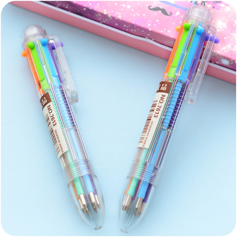 多色塑料圓珠筆旋轉6色按動油筆禮品筆彩色辦公兒童小學生可替換