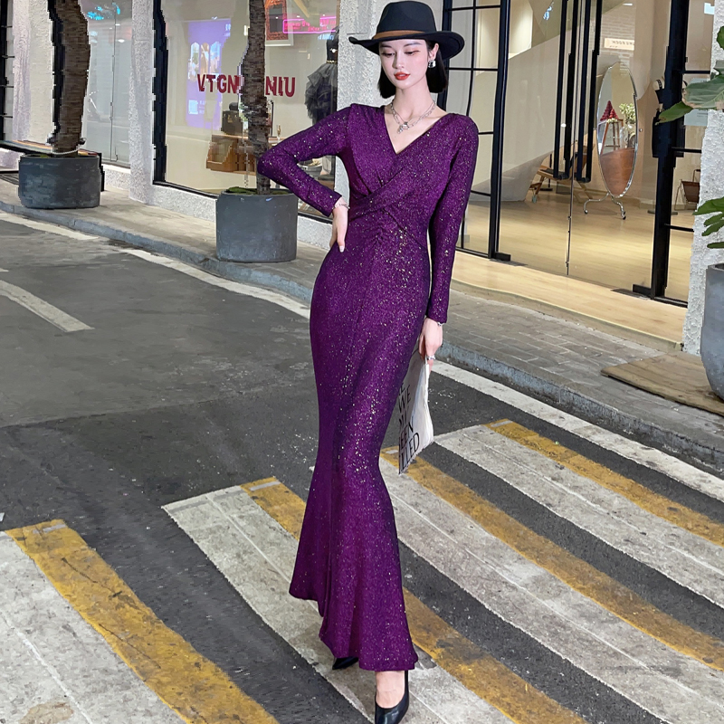 欧美礼服长袖鱼尾长裙新品连衣裙