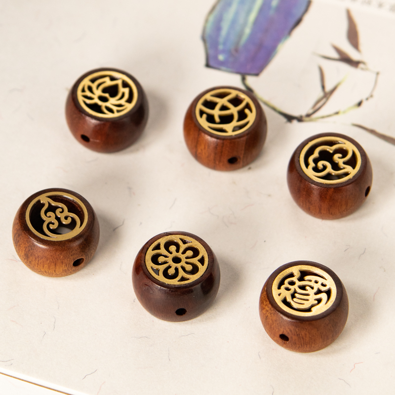 花梨木镶嵌黄铜背云莲花平安隔珠复古钥匙扣挂件diy配件串珠配饰