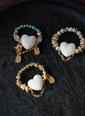 驼骨爱心戒指搭配菱镁矿刻面珠招财猫铜diy配件佛珠手串时尚配饰