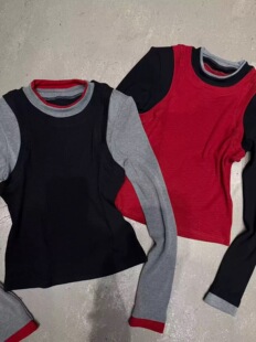 批发LIAN里安2026早春撞色圆领插肩长袖T恤女百搭修身两件套上衣