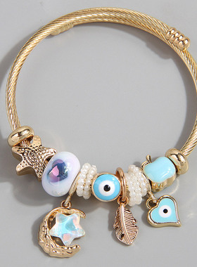 1个时尚 金属百搭潘DL简洁星月羽毛爱心坠多元素配饰个性手镯0218