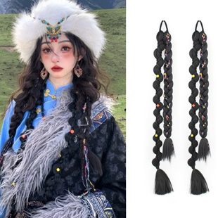 手工编织长款 假发脏辫民族风彩色豆豆纱蛇形辫旅拍照相 西藏族藏式