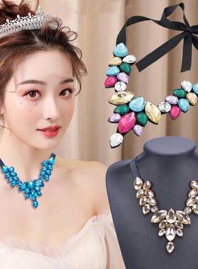 韩国假领子黑色短款花朵水钻项链