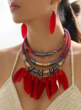 高档多层合金羽毛流苏项链耳环