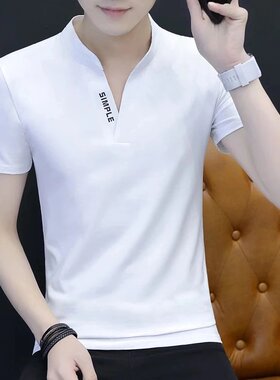 男士休闲短袖t恤2025新款韩版修身中国风薄款纯棉白色小立领体血