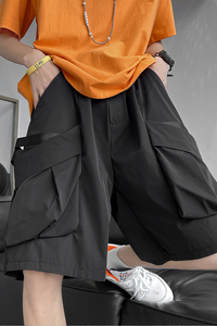 2022夏港风纯色工装短裤潮男织带装饰五分裤休闲裤D图片
