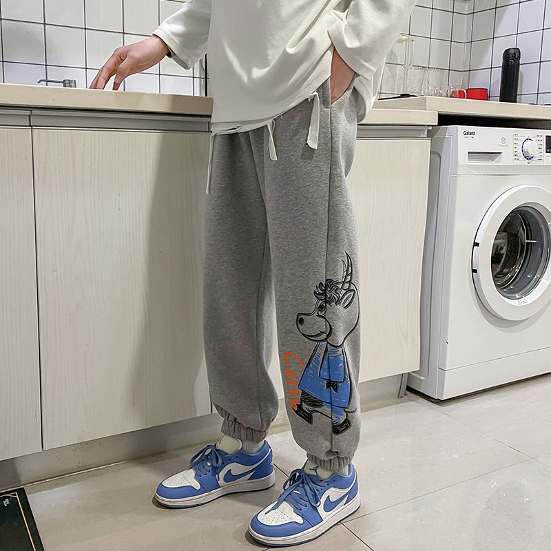 2021春夏新款牛印花休闲裤卫裤男大码针织九分束脚裤,男装休闲裤,星座810(原QT5070)