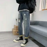 2021港风牛仔裤男春夏季破洞猫须撞色9分长裤子K42-P55控78，男装牛仔裤，星座810(原QT5070)