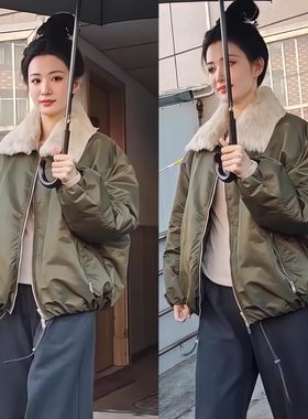王楚然同款军绿色羊羔毛翻领拼接宽松保暖高级感短款棉袄棉服外套