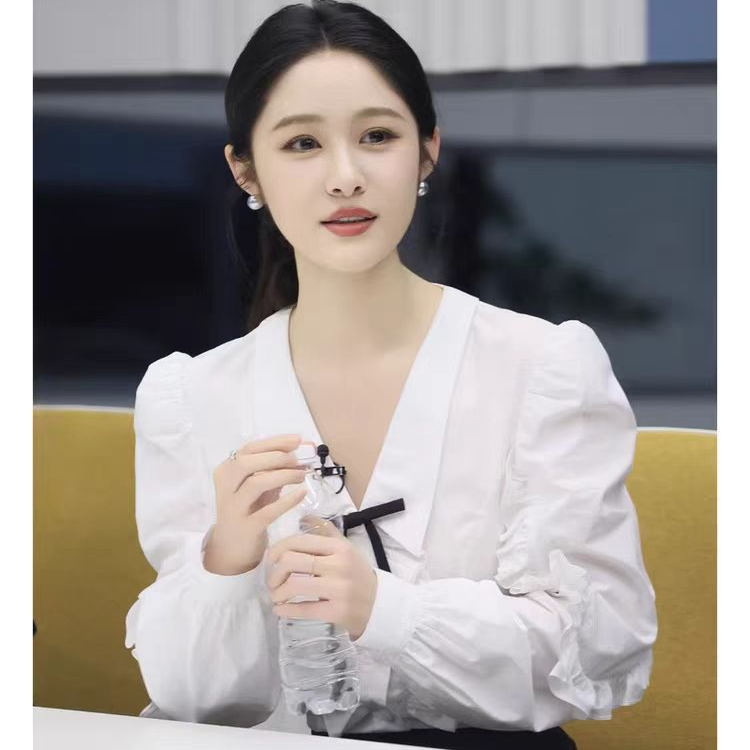 梁田同款穿搭高级感白色翻领荷叶边泡泡袖衬衫气质百搭蝴蝶结上衣