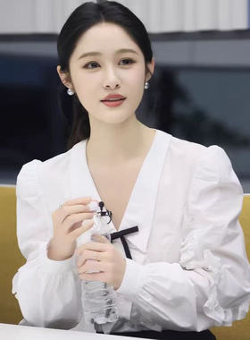 梁田同款穿搭高级感白色翻领荷叶边泡泡袖衬衫气质百搭蝴蝶结上衣