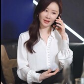 缎面仿真丝气质简约上衣女 白色职业装 凤栖今朝舒畅南桑宁同款 衬衫