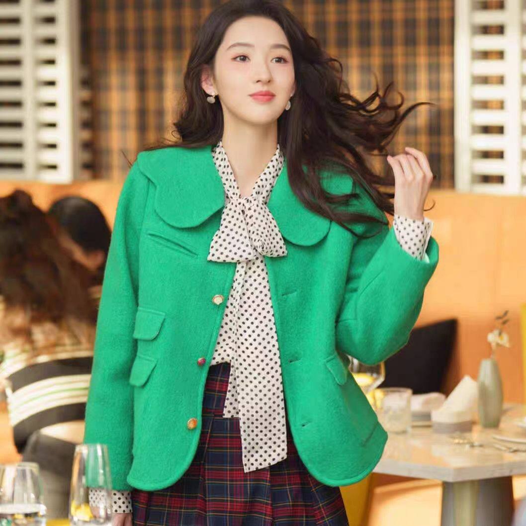 突然的喜欢王玉雯林欢儿同款温柔风气质上衣娃娃领短款毛呢外套女