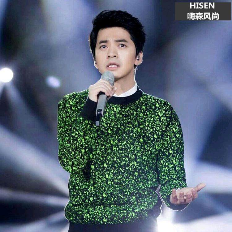 男神李健同款明星绿色迷彩碎花男士毛衣潮流圆领时尚针织衫大码