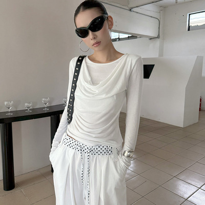 MMFISH时髦街头休闲假两件荡领纯色长袖T千层叠荡打底上衣25T500