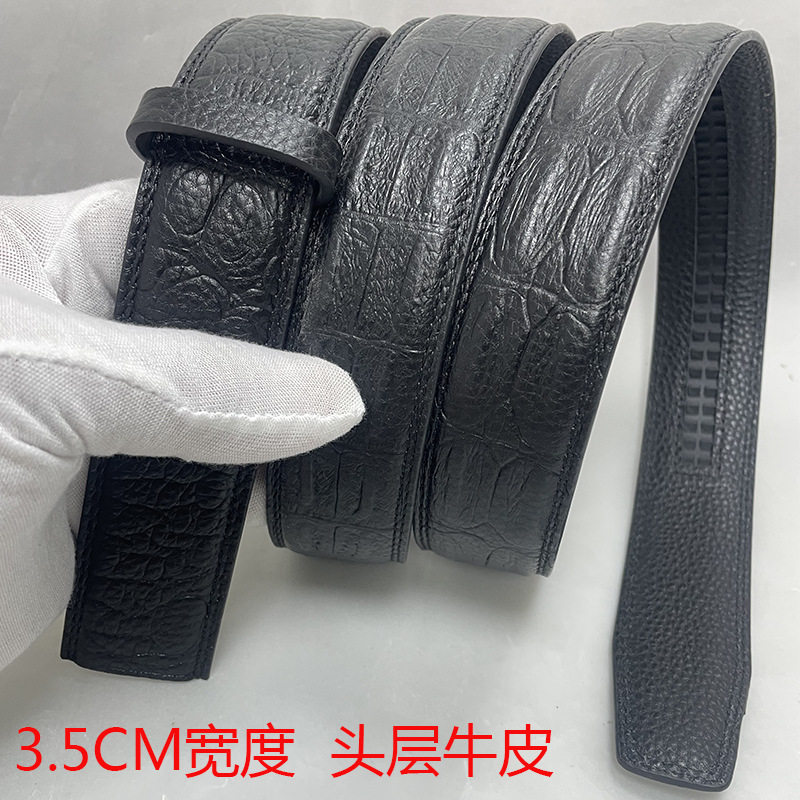 双面头层牛皮光身腰带 3.5CM荔枝纹无扣牙槽鳄鱼真皮自动扣皮带男