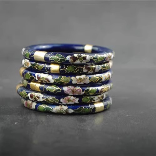 正宗景泰蓝掐丝珐琅库存老货银蓝闭口小圈口圆棍手镯工艺品瑕疵款