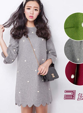 100元3件！秋冬新款甜美OL风钉珠花瓣边喇叭袖A字下摆连衣裙