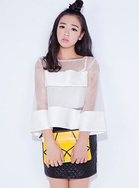 100元3件！春新款透明纱丝质拼接宽口喇叭袖宽松A型上衣衬衫