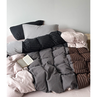vintage手工拼接复古格纹色织双层纱全棉四件套 简约纯棉床单被套