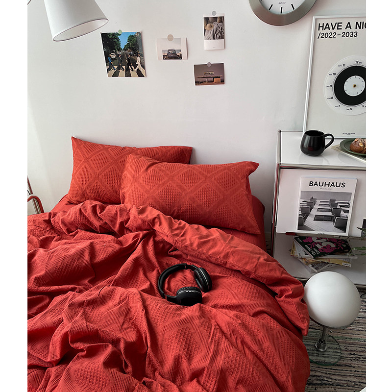 外滩画报/简约华夫格全棉水洗棉床上四件套 北欧纯棉床单被套床笠