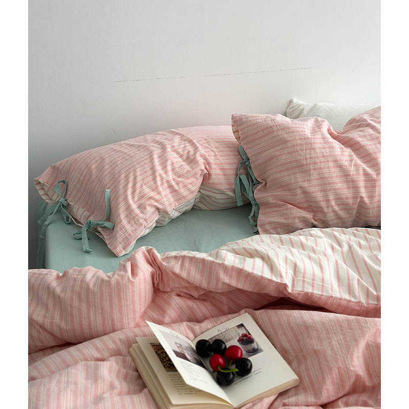 ins韩国少女粉条纹绑带款纯棉床单被套三件套 简约全棉床上四件套