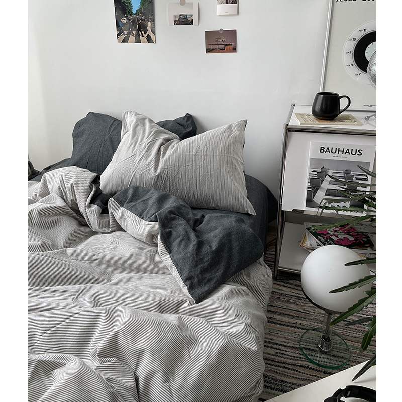 弗拉明戈条纹纯棉水洗棉床上四件套 日式全棉被套床笠床单三件套