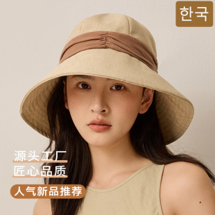 棉麻轻薄透气渔夫帽韩国女夏季 拼色褶皱遮阳帽大头适合大沿帽 新款
