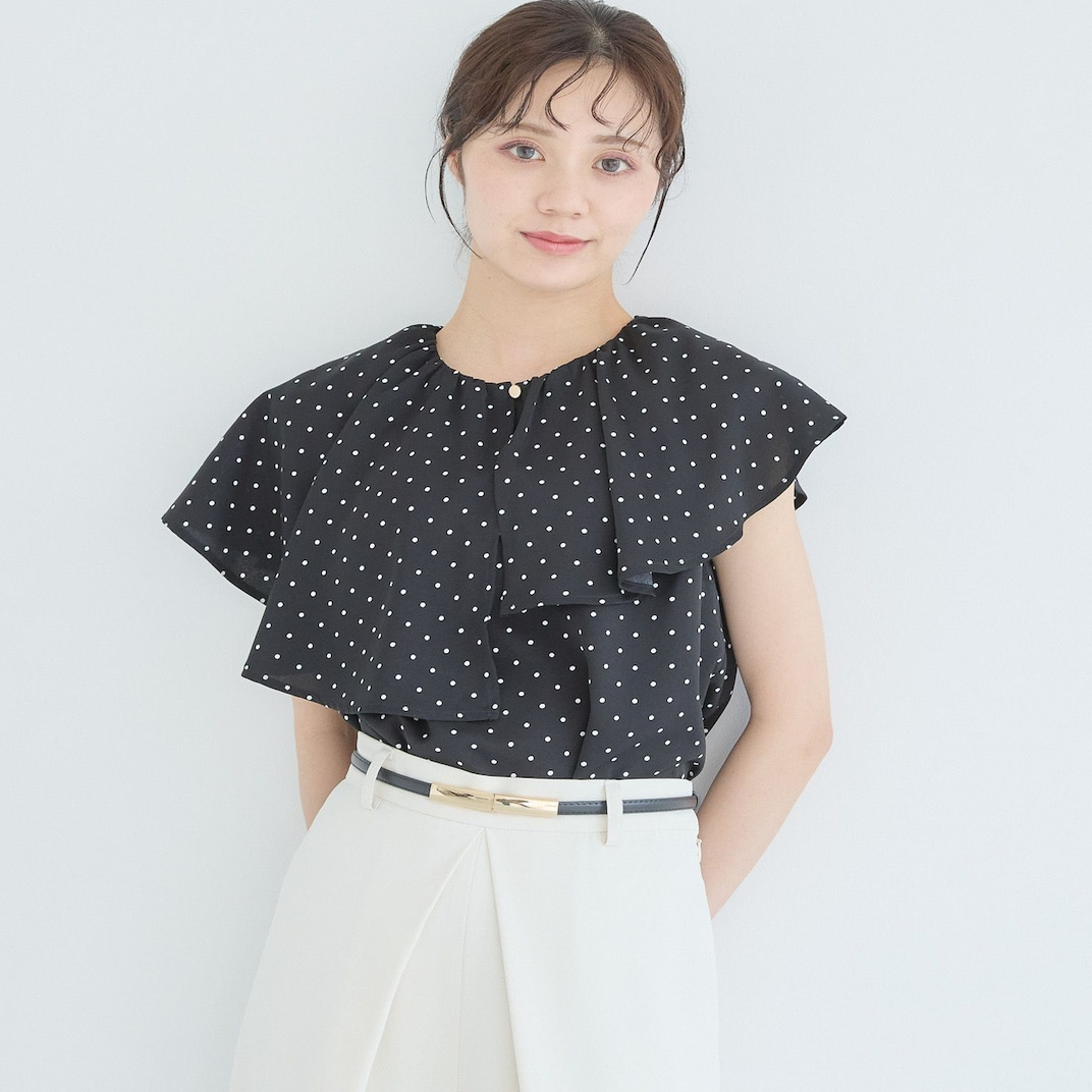 荷叶边波点飞飞袖短袖衬衫上衣女