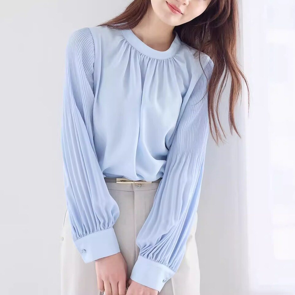 日单andemu原单立领褶皱灯笼袖雪纺衫女宽松显瘦通勤日系气质衬衣